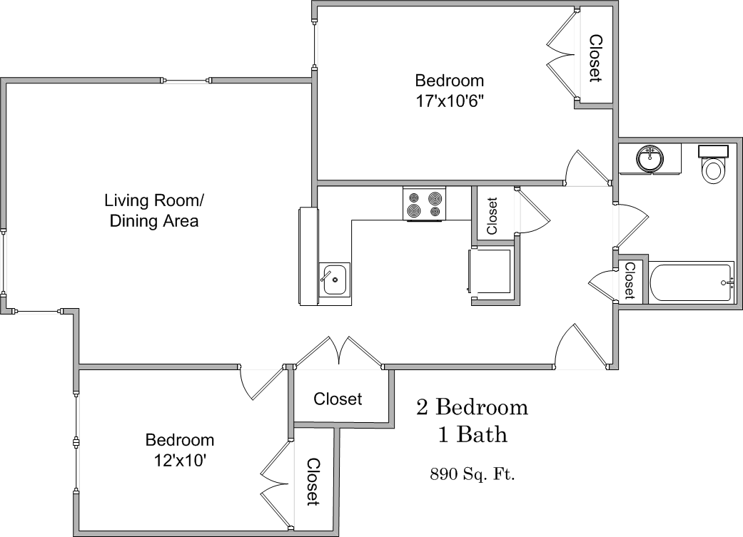 Floor plan for 2 beds, 1 bath, 872 sqft